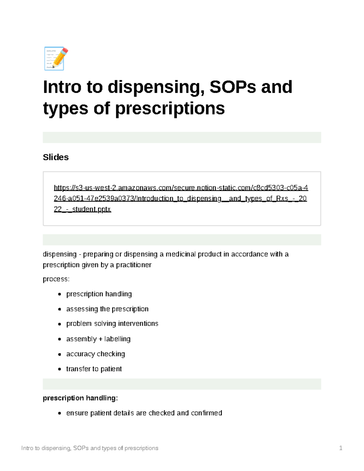 dispensing and presciption types Ë Intro to dispensing, SOPs and