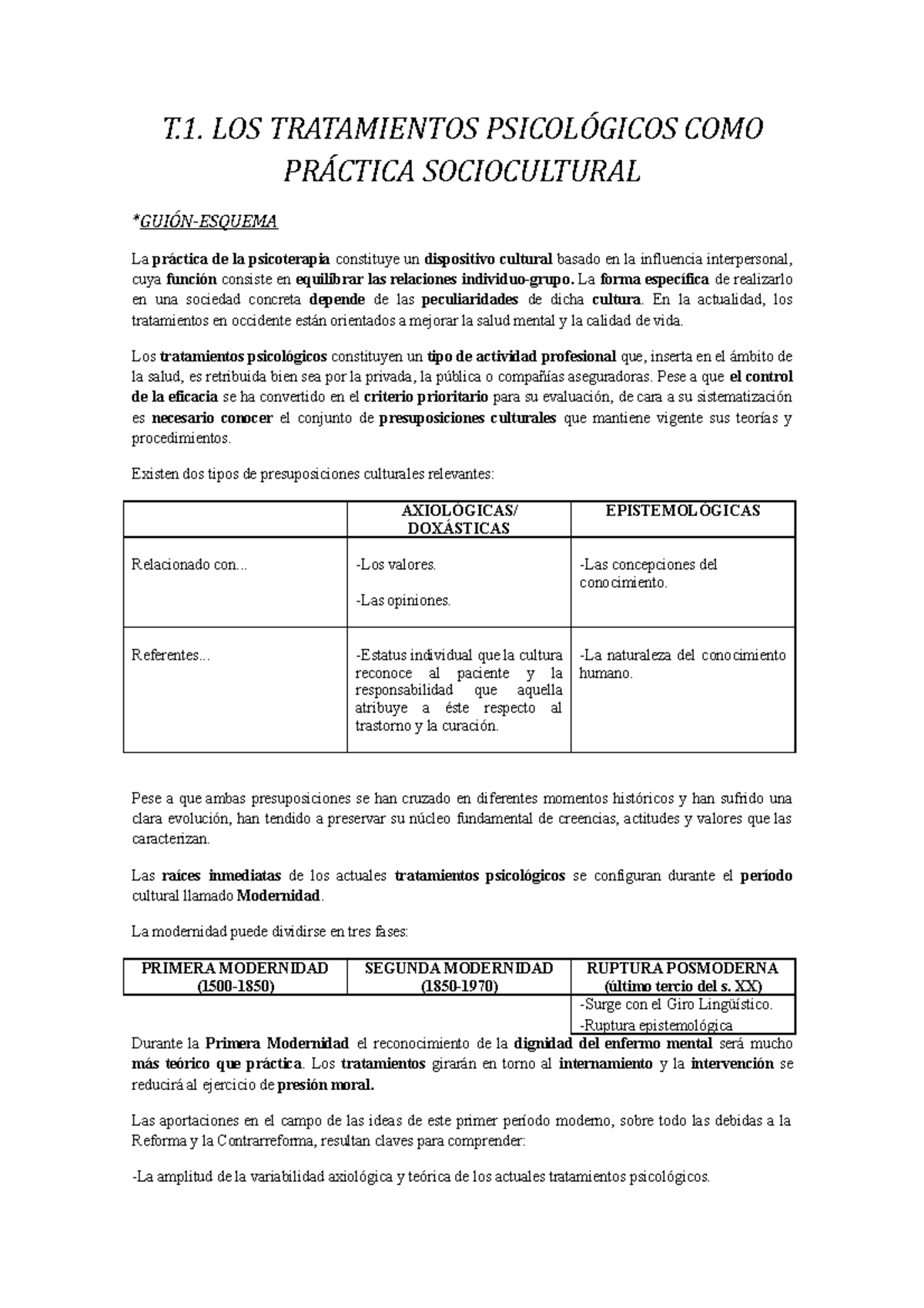 Apuntes Introducción a los tratamientos psicodinámicos, etc. T. LOS TRATAMIENTOS PSICOLÓGICOS