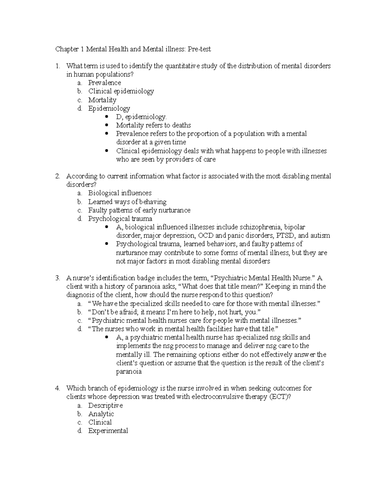 Chapter 1 Mental Health And Mental Illness (pre-test) - Chapter 1 ...