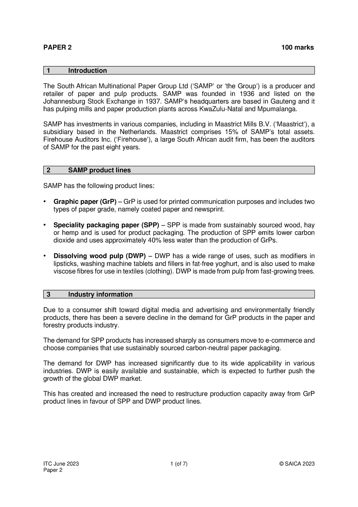 ITC June 2023 Paper 2 ITC June 2023 1 (of 7) © SAICA 2023 PAPER 2 100