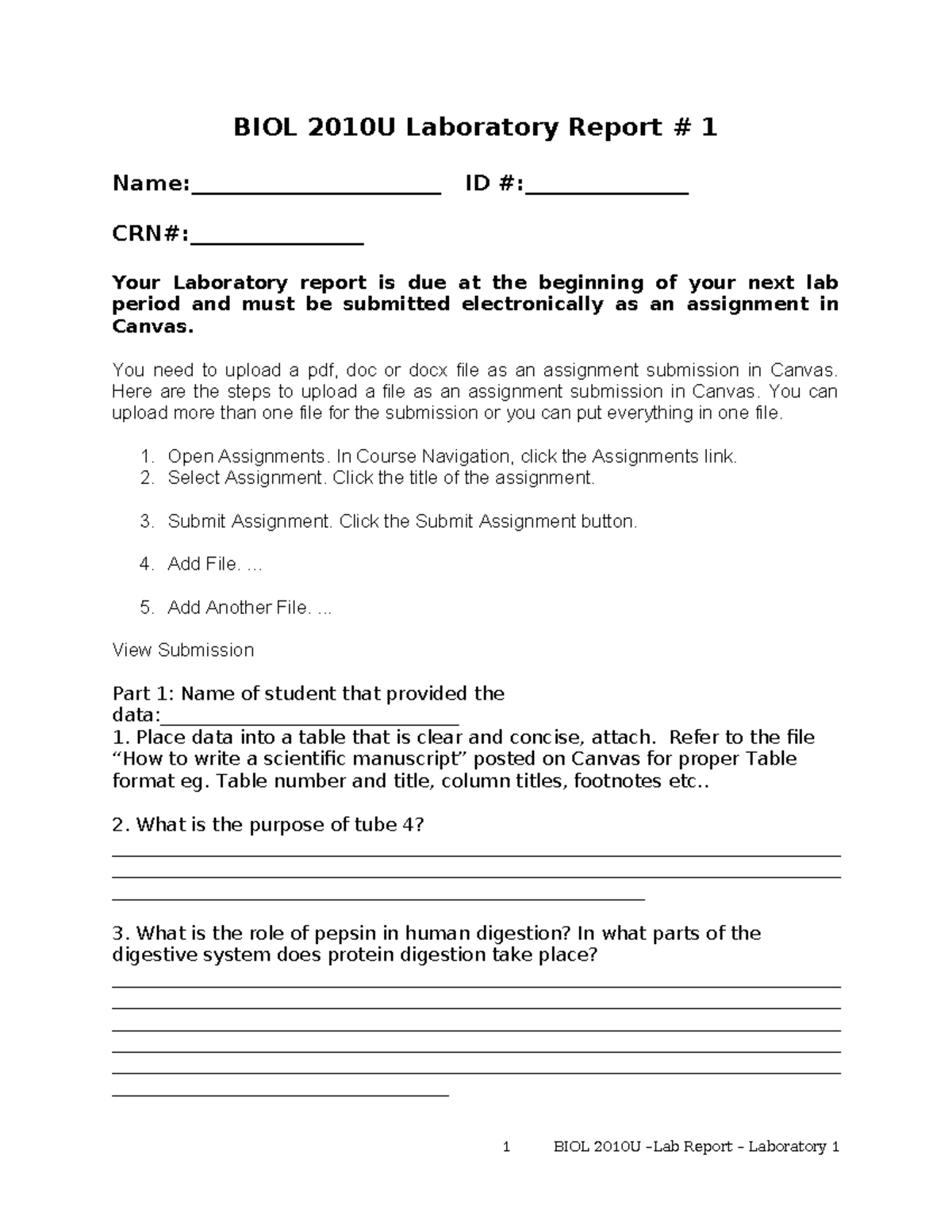 Lab 1 Digestion Lab Report 2024 - BIOL 2010U Laboratory Report # 1 Name