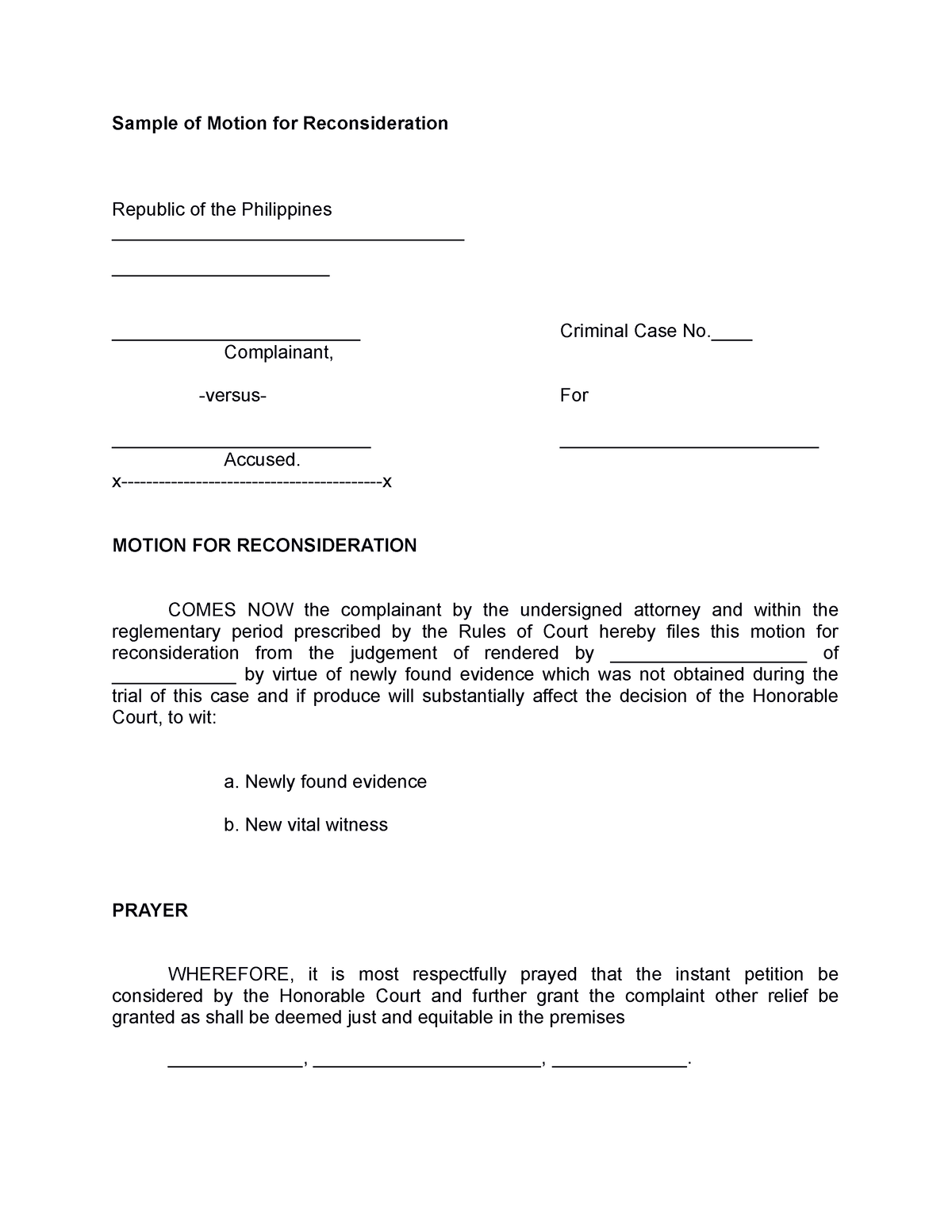 Sample Of Motion For Reconsideration - Sample Of Motion For ...