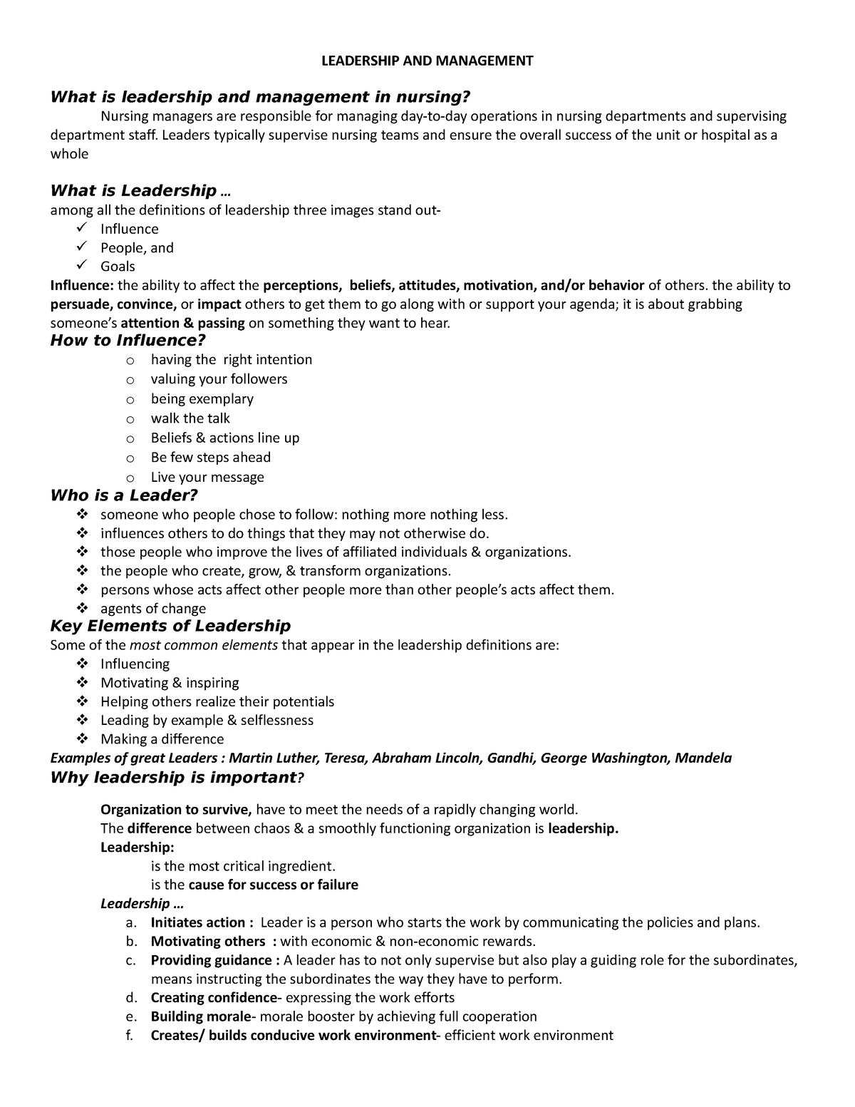 student notes aspects of a business plan management & leadership