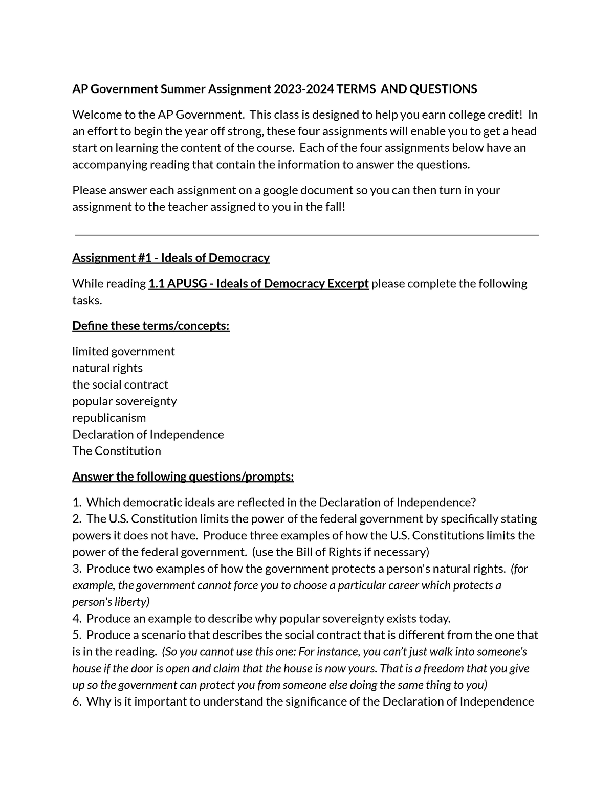 AP Government Assignment 20232024 Terms AND Questions AP Government