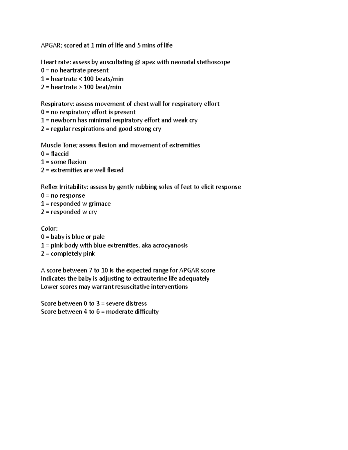 Apgar Scoring - notes for OB - APGAR; scored at 1 min of life and 5 ...