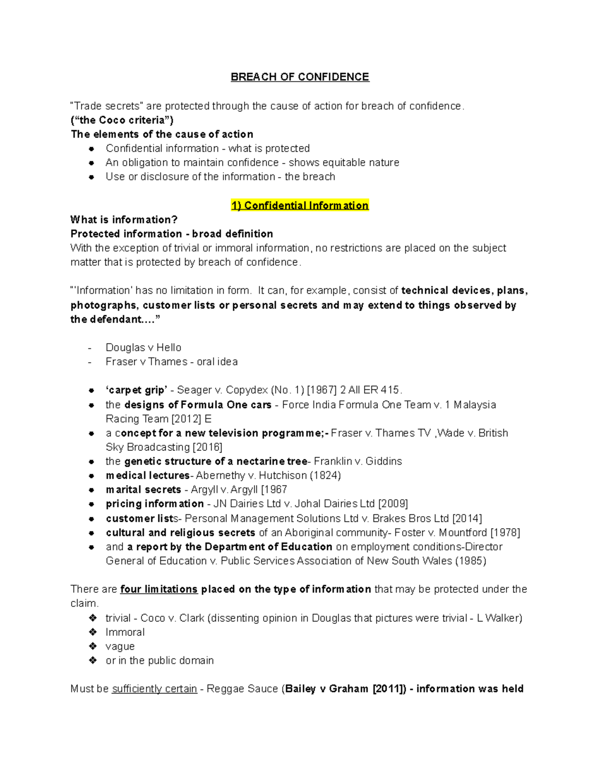 Breach Of Confidence Revision Notes - BREACH OF CONFIDENCE “Trade ...