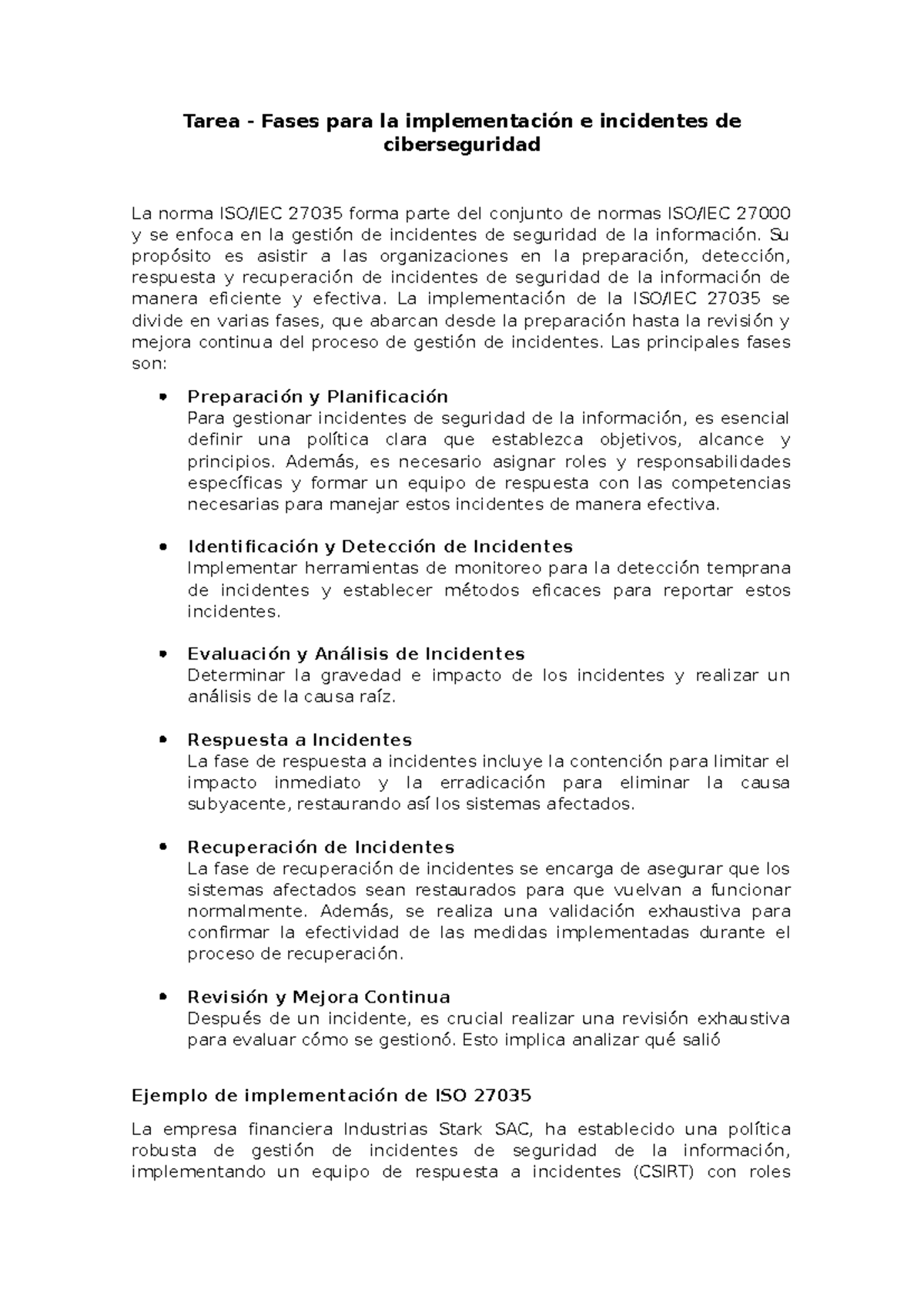 Tarea Fases Para La Implementación E Incidentes De Ciberseguridad