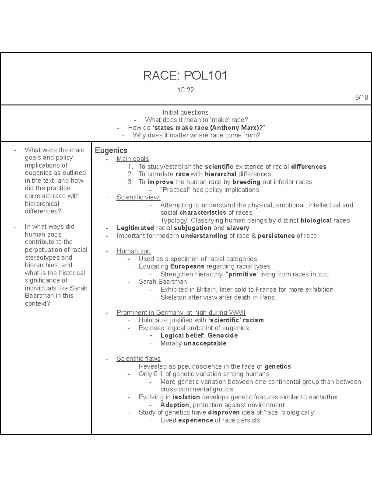 RACE POL101 Notes RACE POL 10. 9/ Initial questions What does it