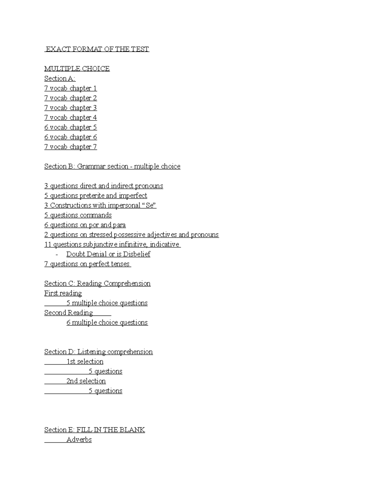 Spanish II Final Exam Study Guide - EXACT FORMAT OF THE TEST MULTIPLE ...