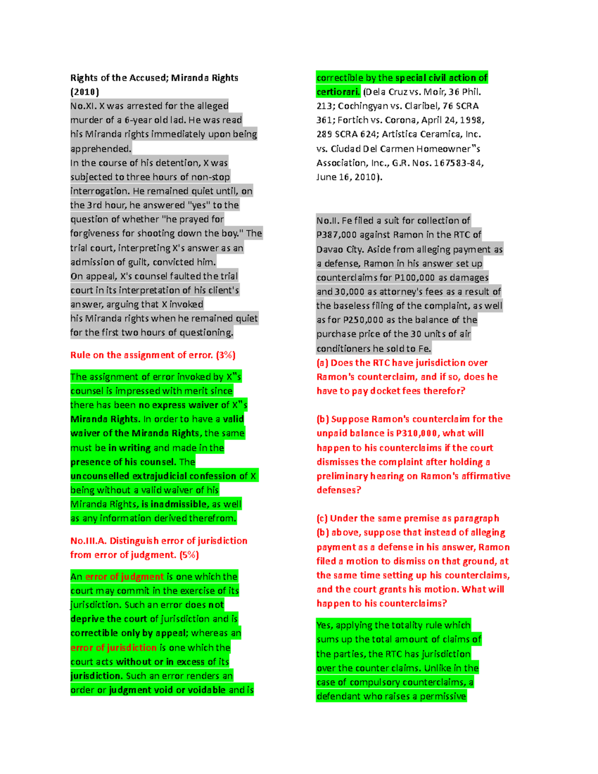 BAR Questions - CIV PRO - civ pro - Rights of the Accused; Miranda ...