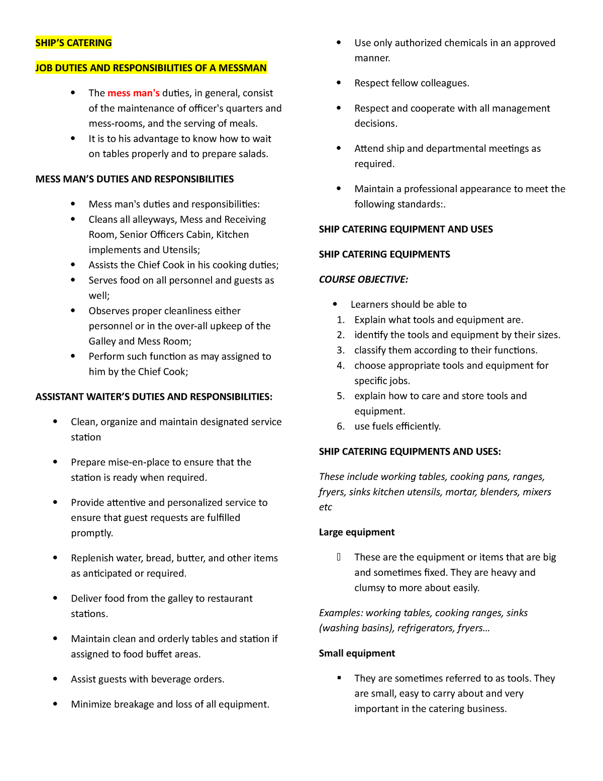 SCTR211 WEEK 2 Organization Chart SHIP S CATERING JOB DUTIES AND 