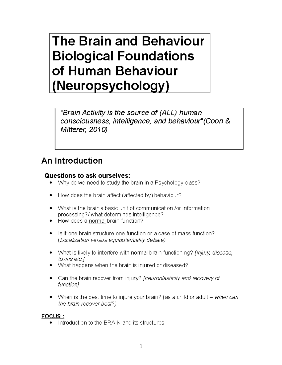 Introduction To Psychology - The Brain And Behaviour Biological ...