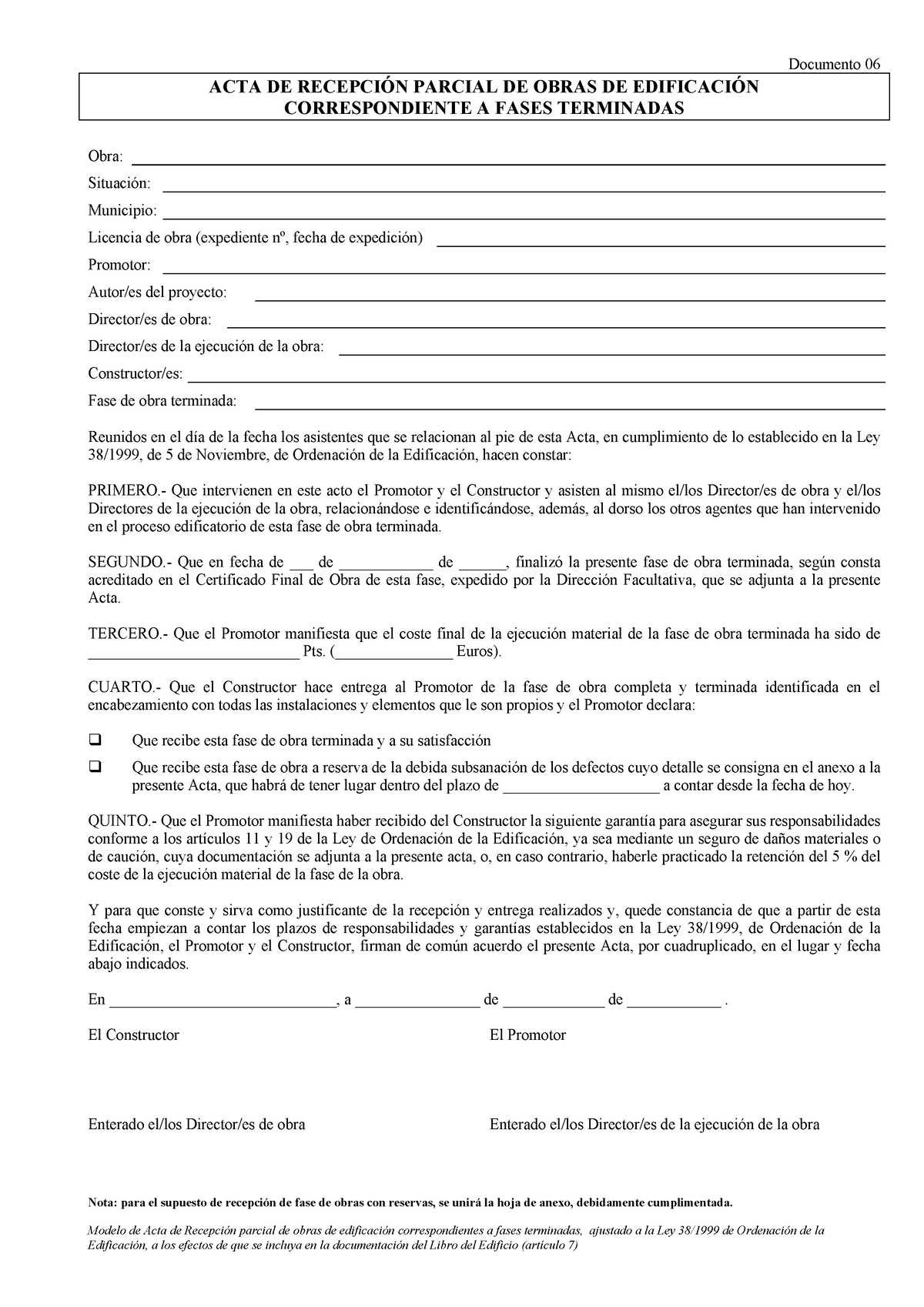 Acta recepcion parcial obras - Documento 06 Nota: para el supuesto de  recepciÛn de fase de obras con - Studocu