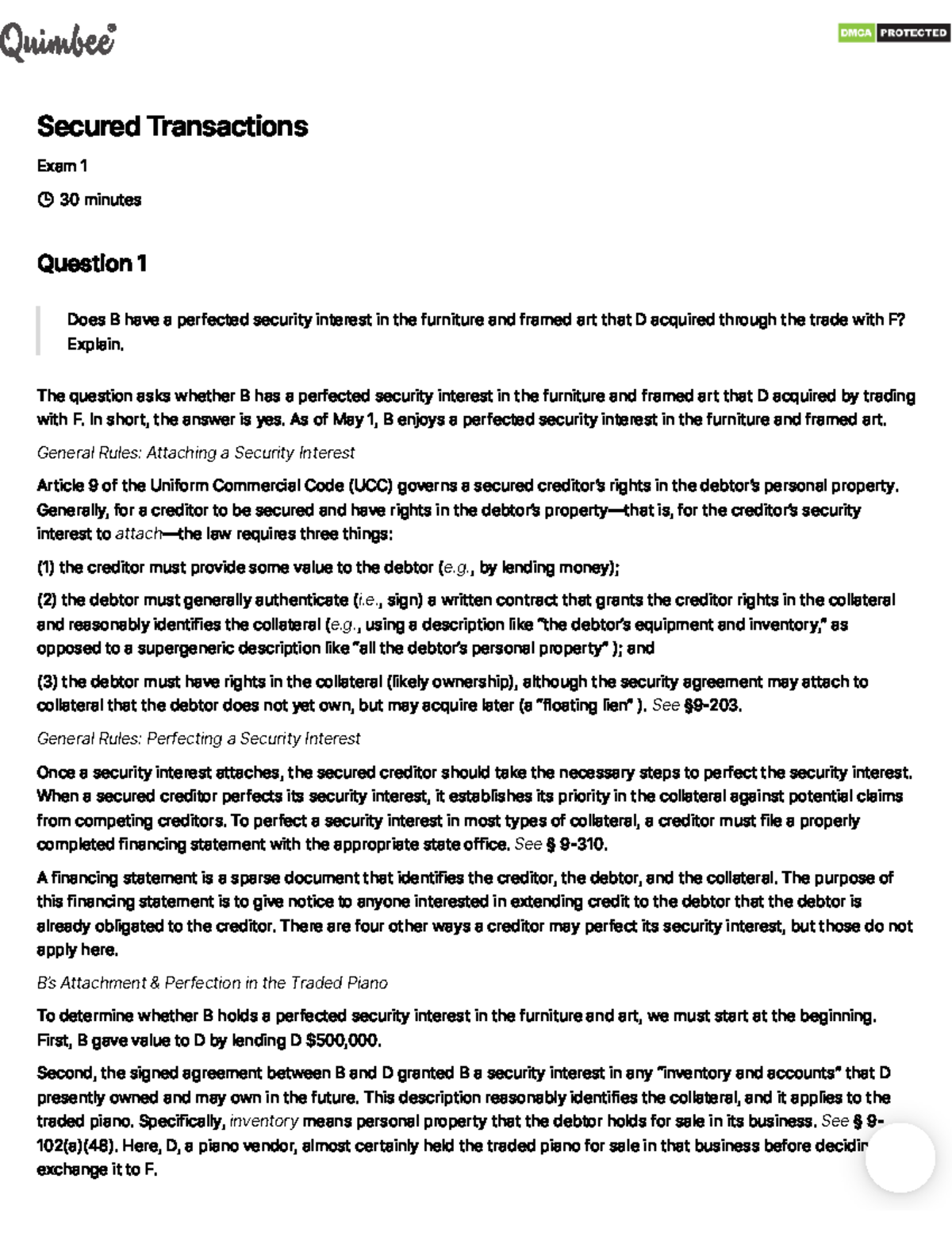 PQ Model Answer 1 - outline - Secured Transactions Exam 1 30 minutes ...