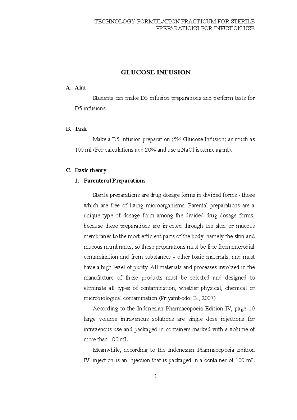 Technology Formulation Practicum FOR Sterile Preparations FOR Infusion ...