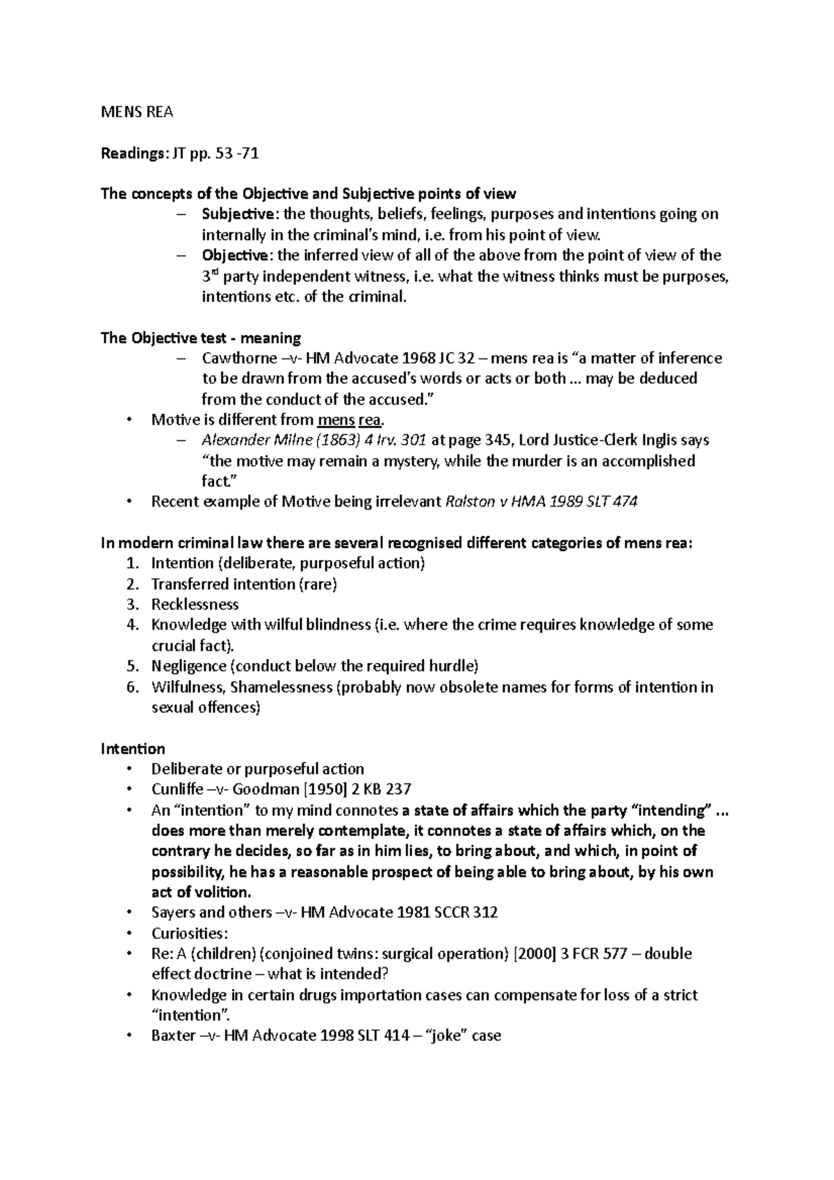 MENS REA Lecture notes 1 MENS REA Readings JT pp. 53 The