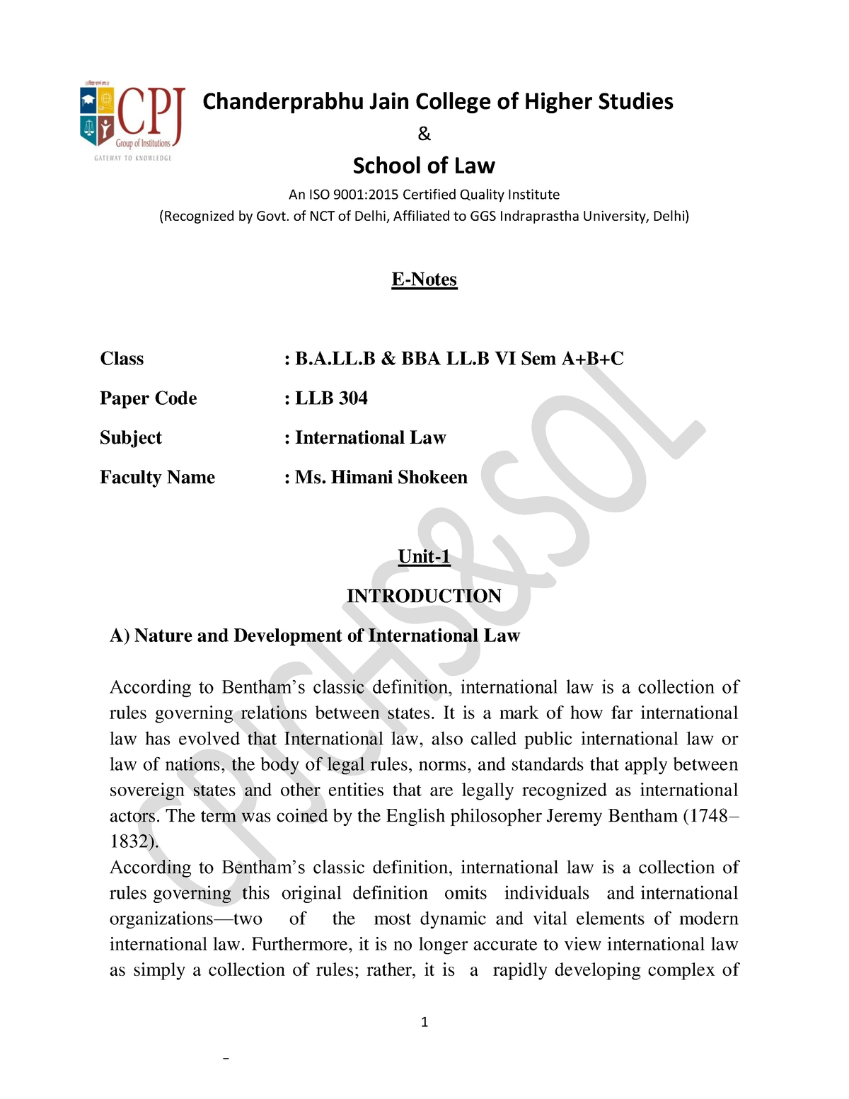 Unit-1 International Law E-Notes LLB 304 - & School Of Law An ISO 9001: ...