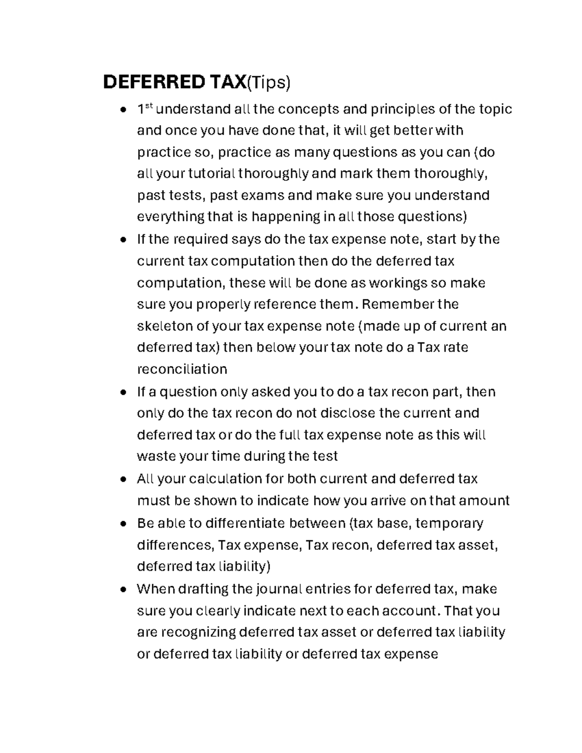 TEST 2 Summary & TIPS - Test - DEFERRED TAX(Tips) • 1 st understand all ...