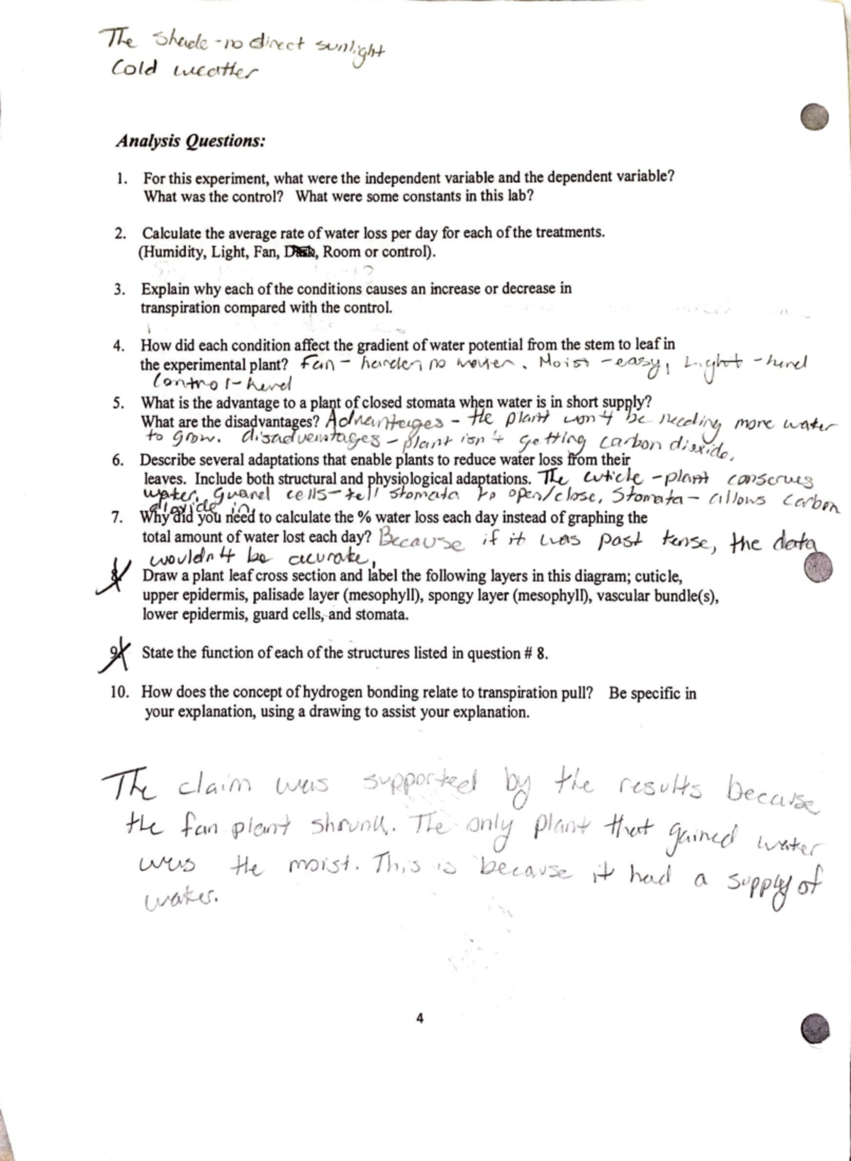 Lab analysis questions Analysis Questions 1. For this experiment, what were the independent
