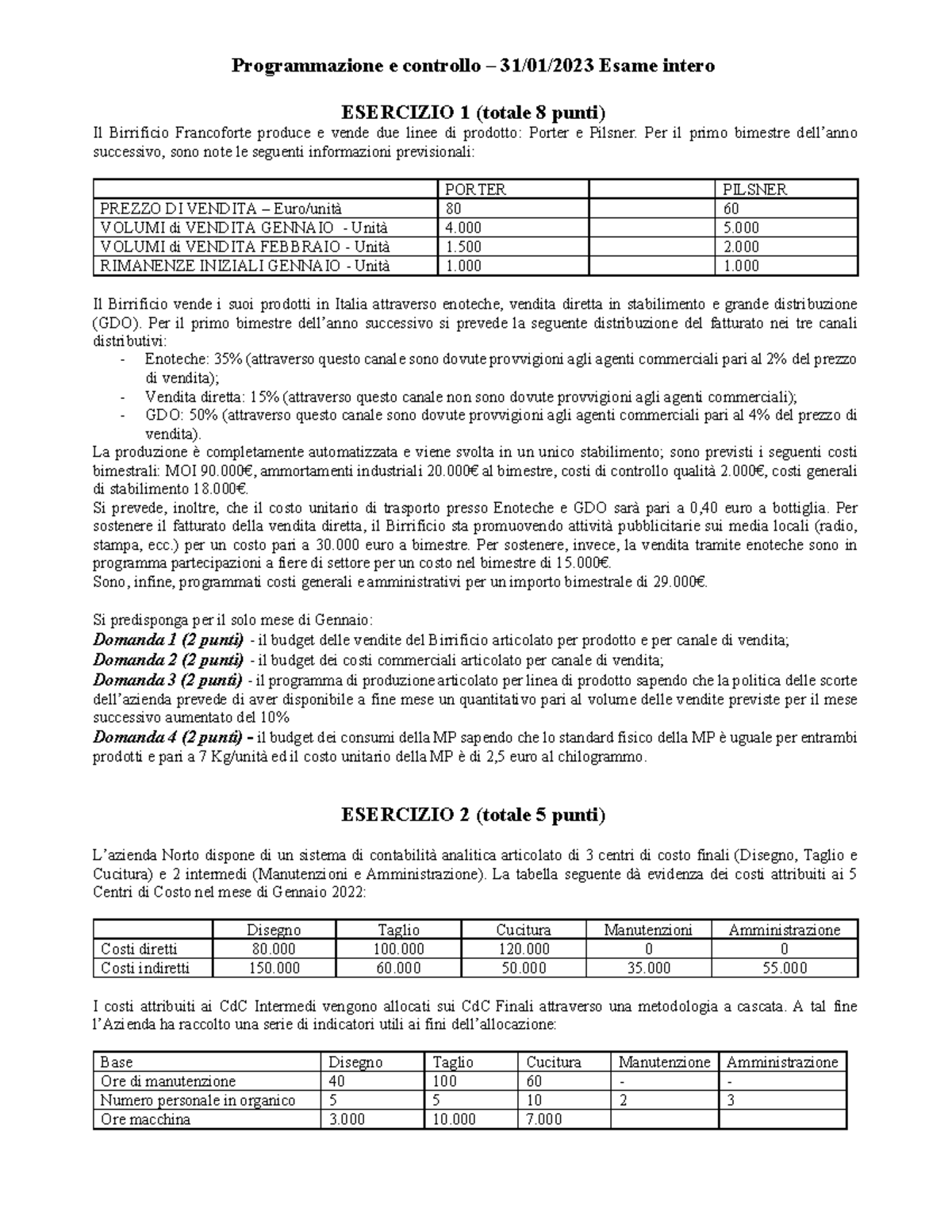 Testo Prova B - Programmazione E Controllo – 31/01/2023 Esame Intero ...