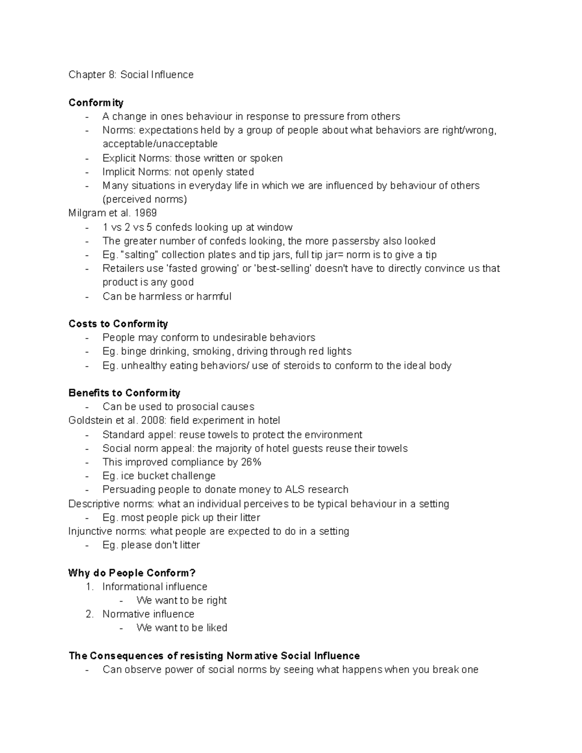 Chapter 8 Notes - Chapter 8: Social Influence Conformity - A Change In ...