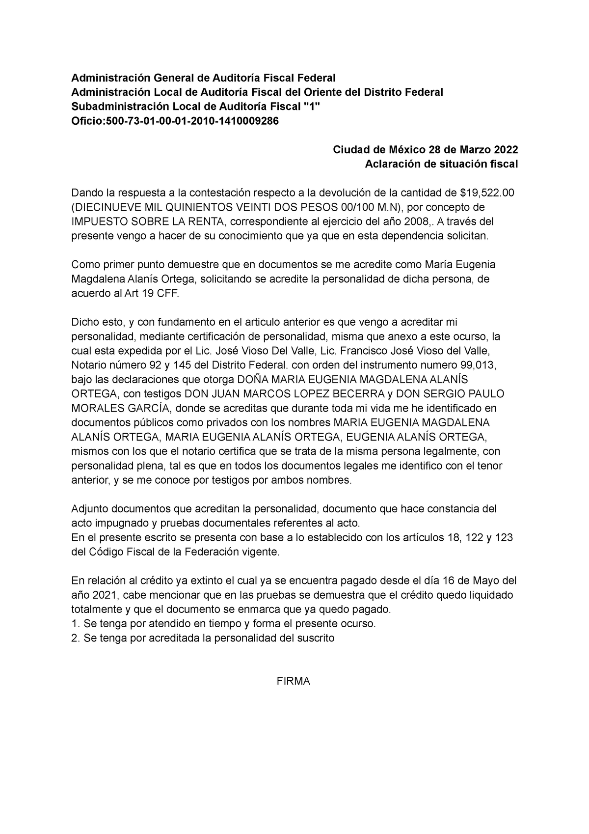 Machote Recurso Revocación Administración General De Auditoría Fiscal