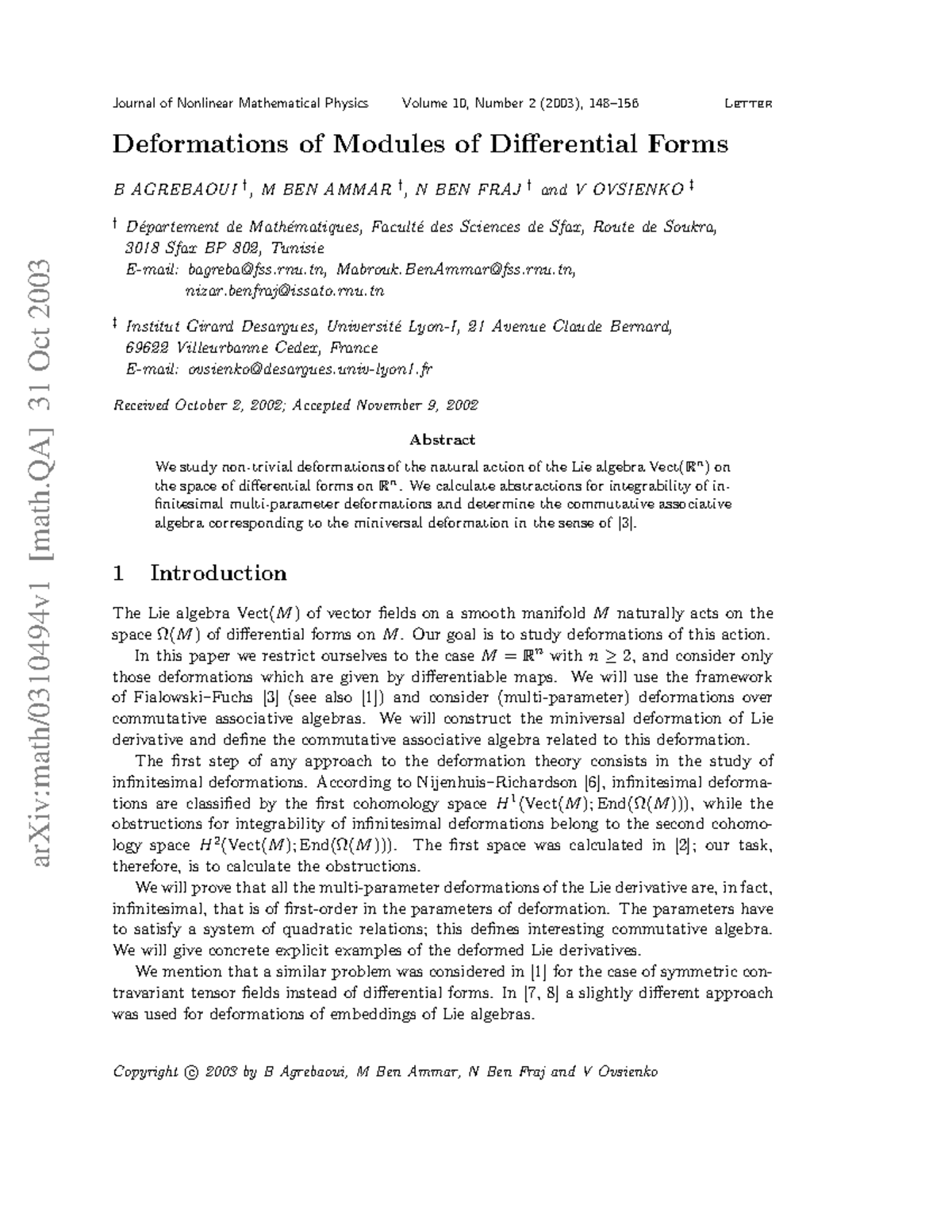 0310494 - Cours - arXiv:math/0310494v1 [math] 31 Oct 2003 Journal of ...