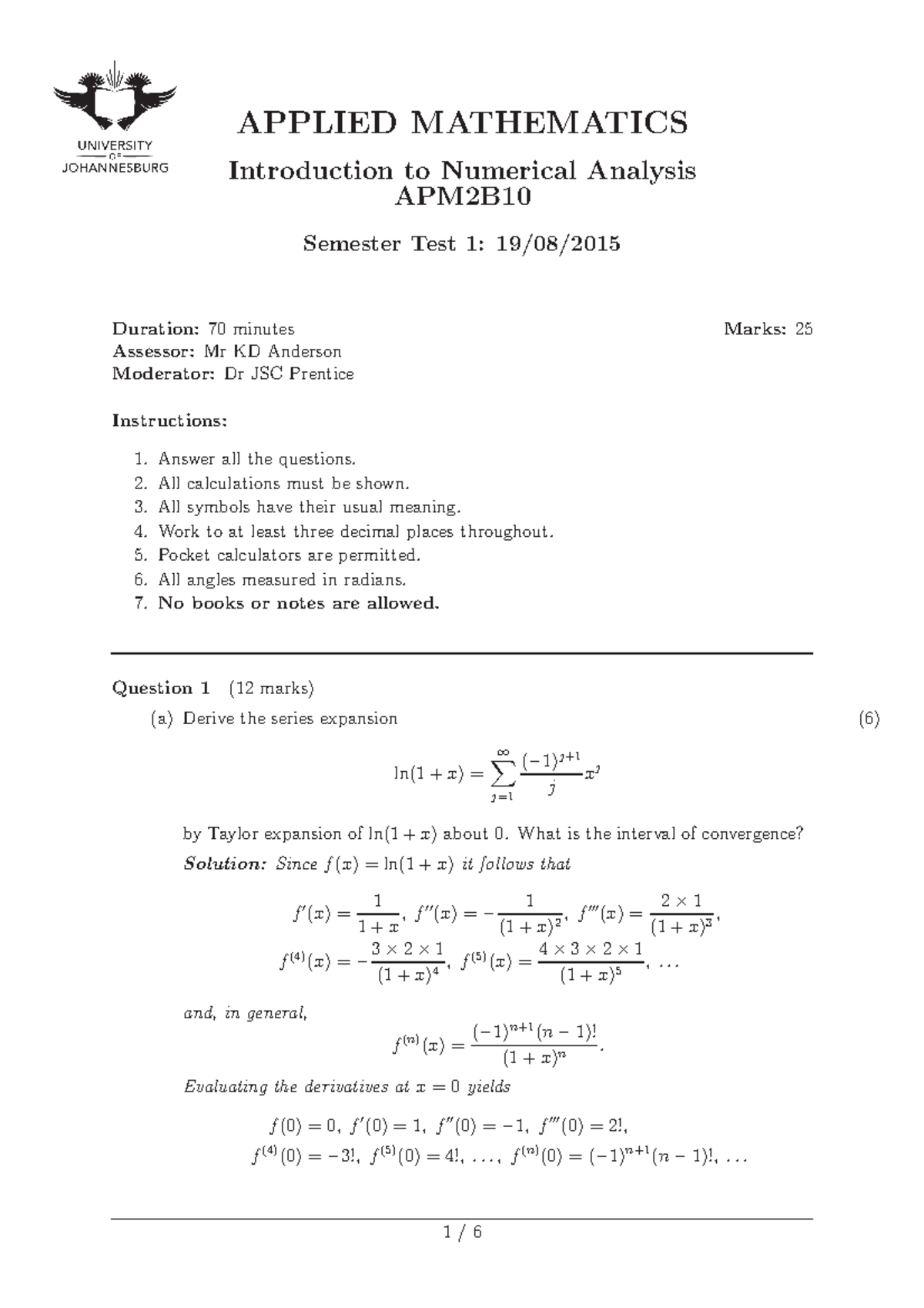 Semester Test 1 2015 Applied Mathematics 2B APM2B10 Semester Test 1 2015 Applied Mathematics 2B APM2B10