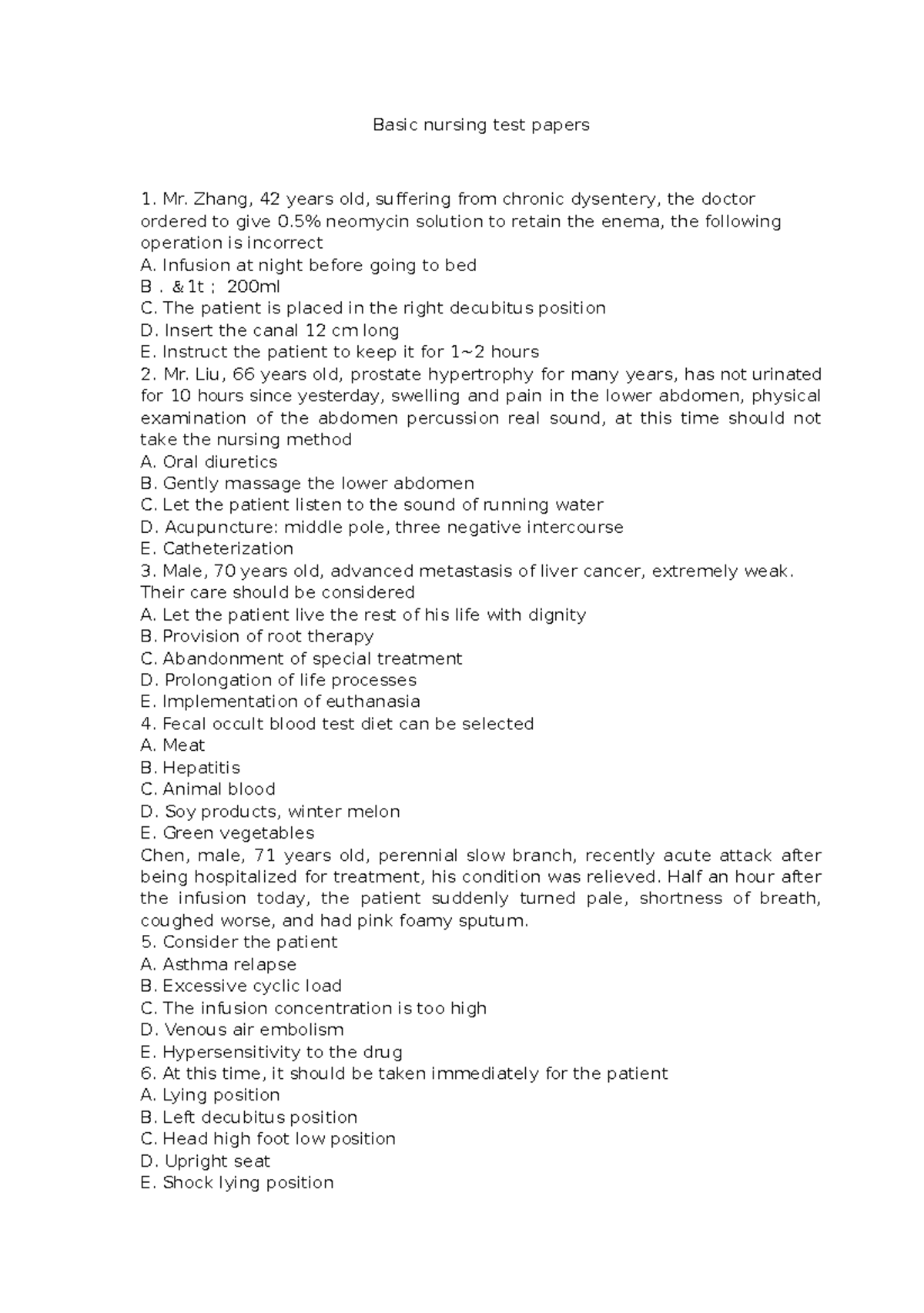 Basic nursing test papers NRS110 - Basic nursing test papers Mr. Zhang ...