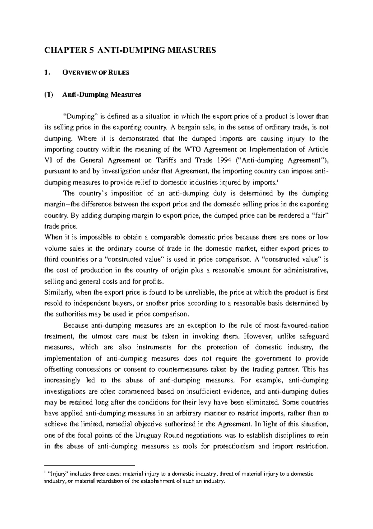 Anti dumping measures CHAPTER 5 ANTIDUMPING MEASURES 1. OVERVIEW OF RULES (1) AntiDumping