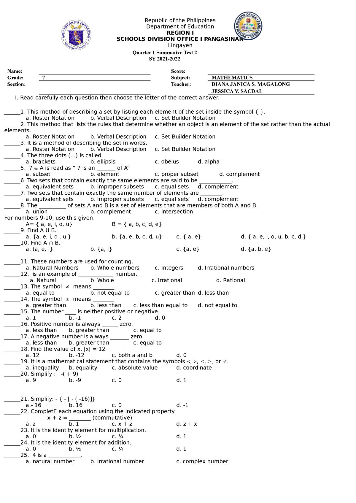 Mathematics 7 QI 2ND Summative Test - Republic Of The Philippines ...