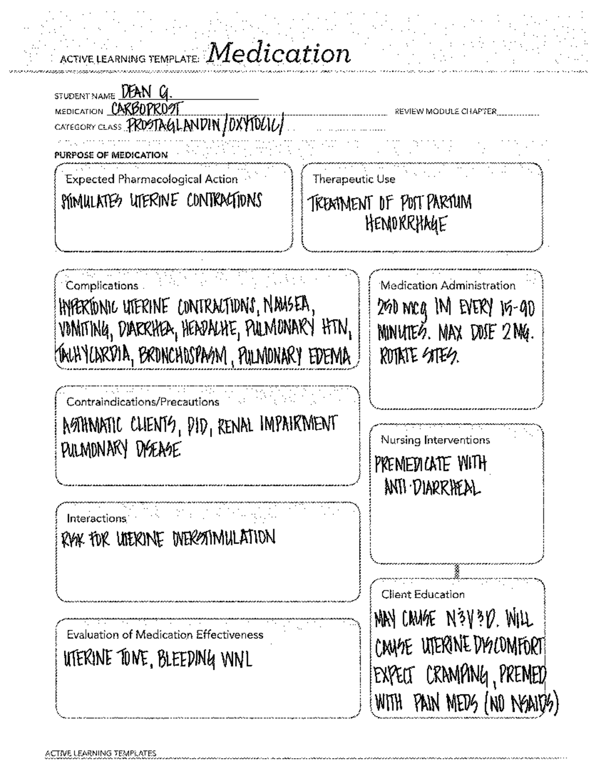 OB Drug Cards - ACTIVE LEARNING TEMPLATE: Medication STUDENT NAME DEAN ...