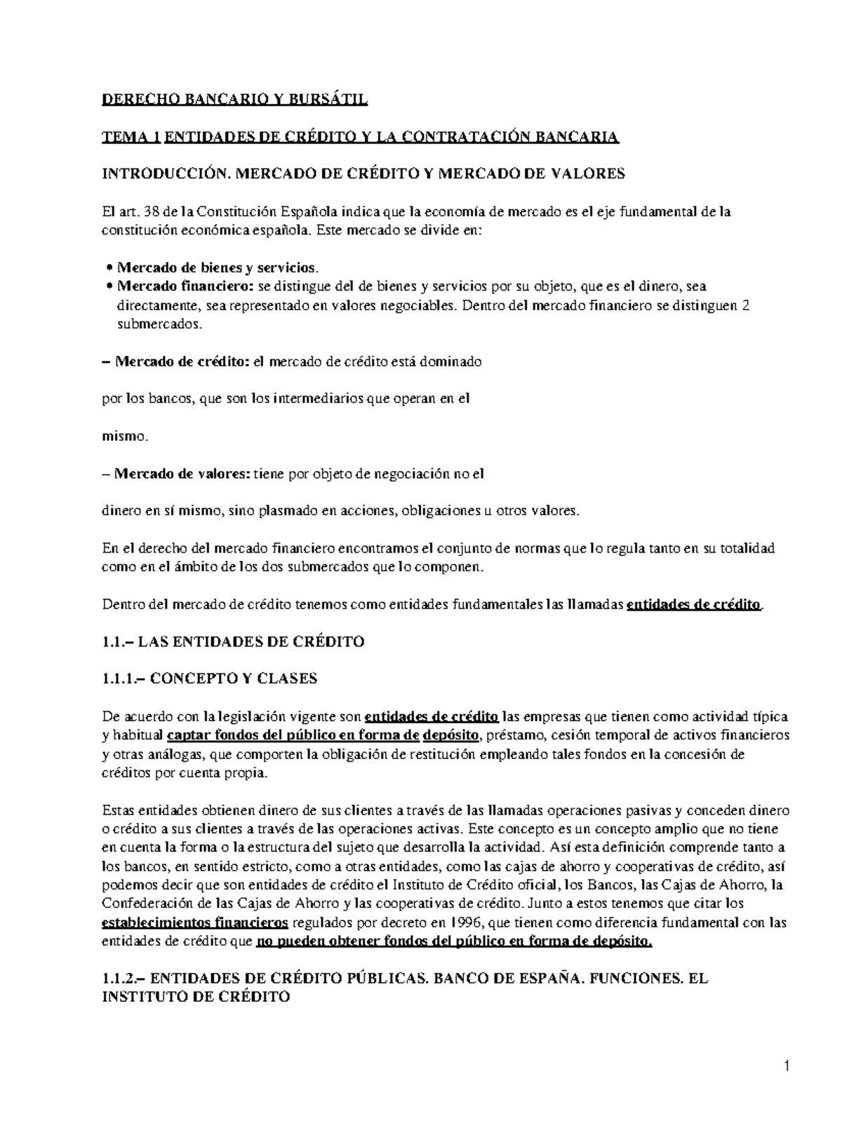 Bancario - APUNTES ASIGNATURA - DERECHO BANCARIO Y BURSÁTIL TEMA 1 ...