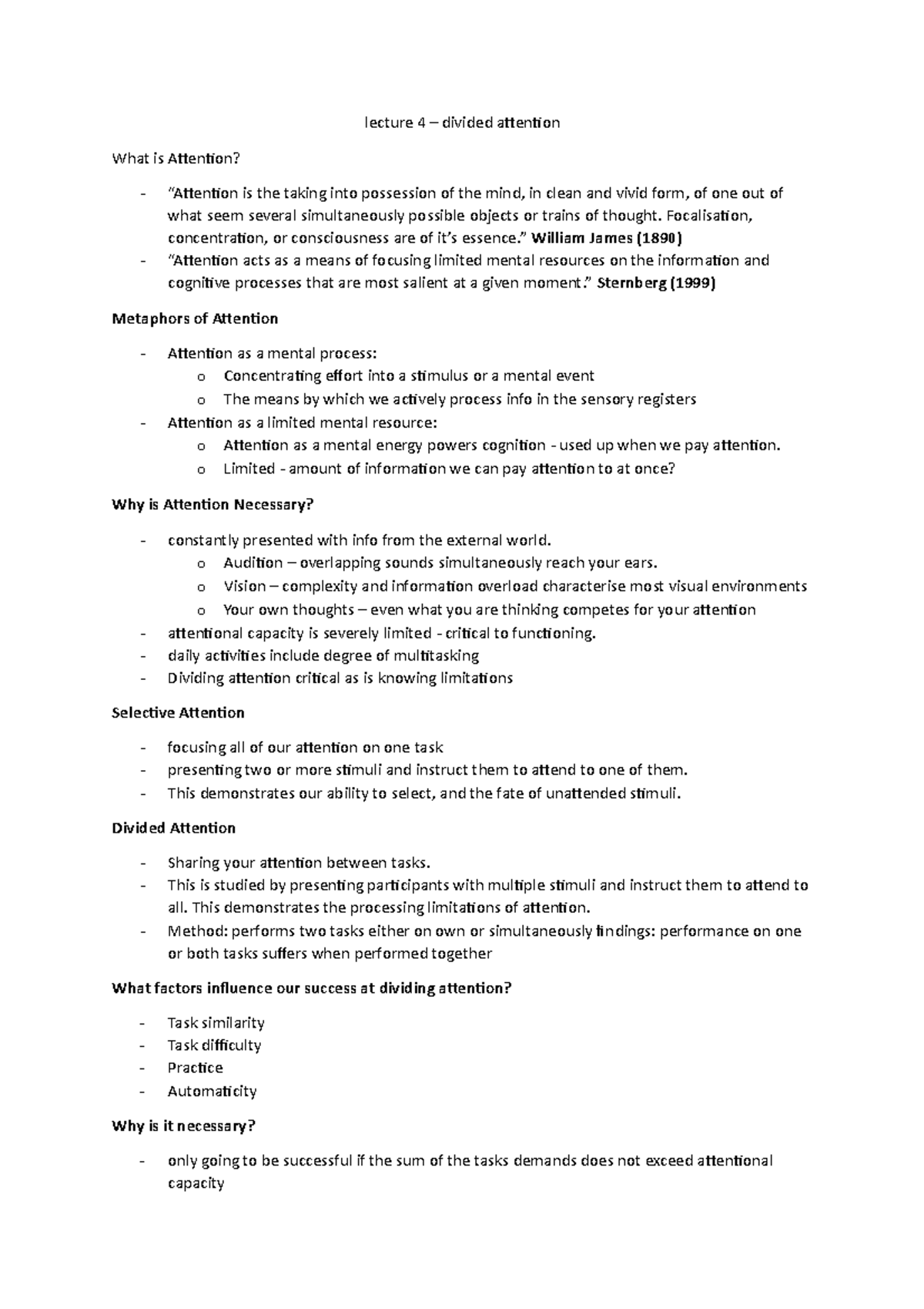 Lecture 4 - Mechanisms of attention - lecture 4 – divided attention ...