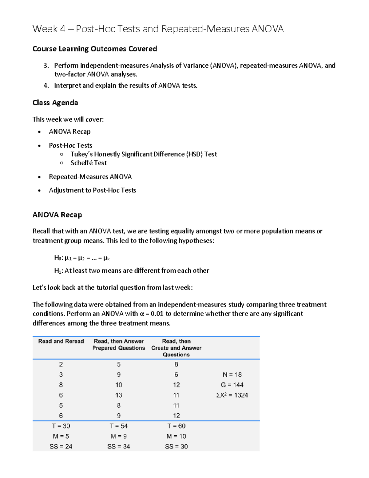 RAPP 5014 Week 4 Notes - Post-Hoc Tests and Repeated-Measures Anova 2 ...
