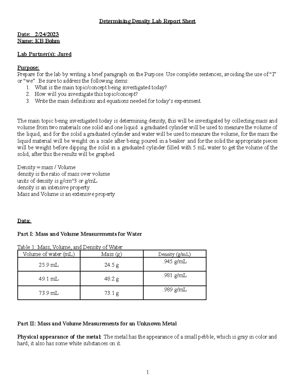 Determining Density Report Sheet.docx - Determining Density Lab Report 