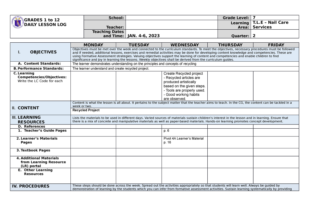 Nail care - DLL - GRADES 1 to 12 DAILY LESSON LOG School: Grade Level ...