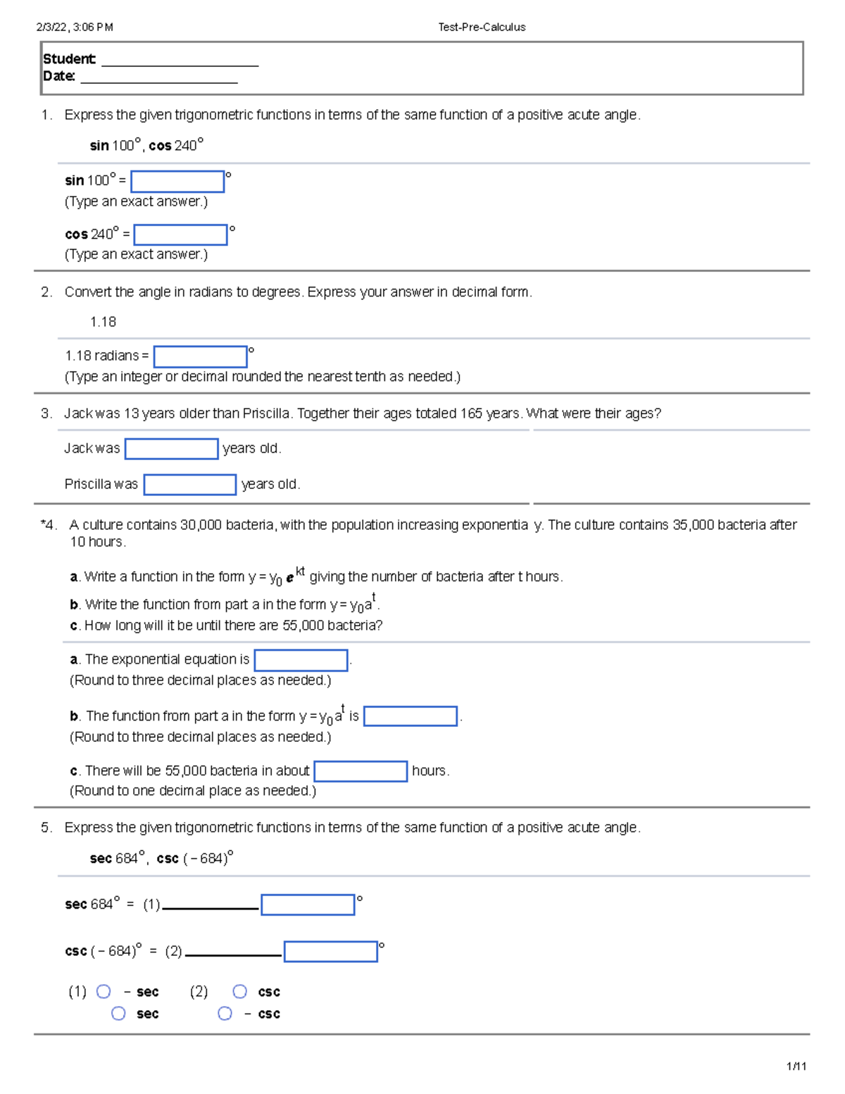 Pre-Calculus-Test - Practices Materials For Math 1 - 1. 2. 3. *4. 5 ...