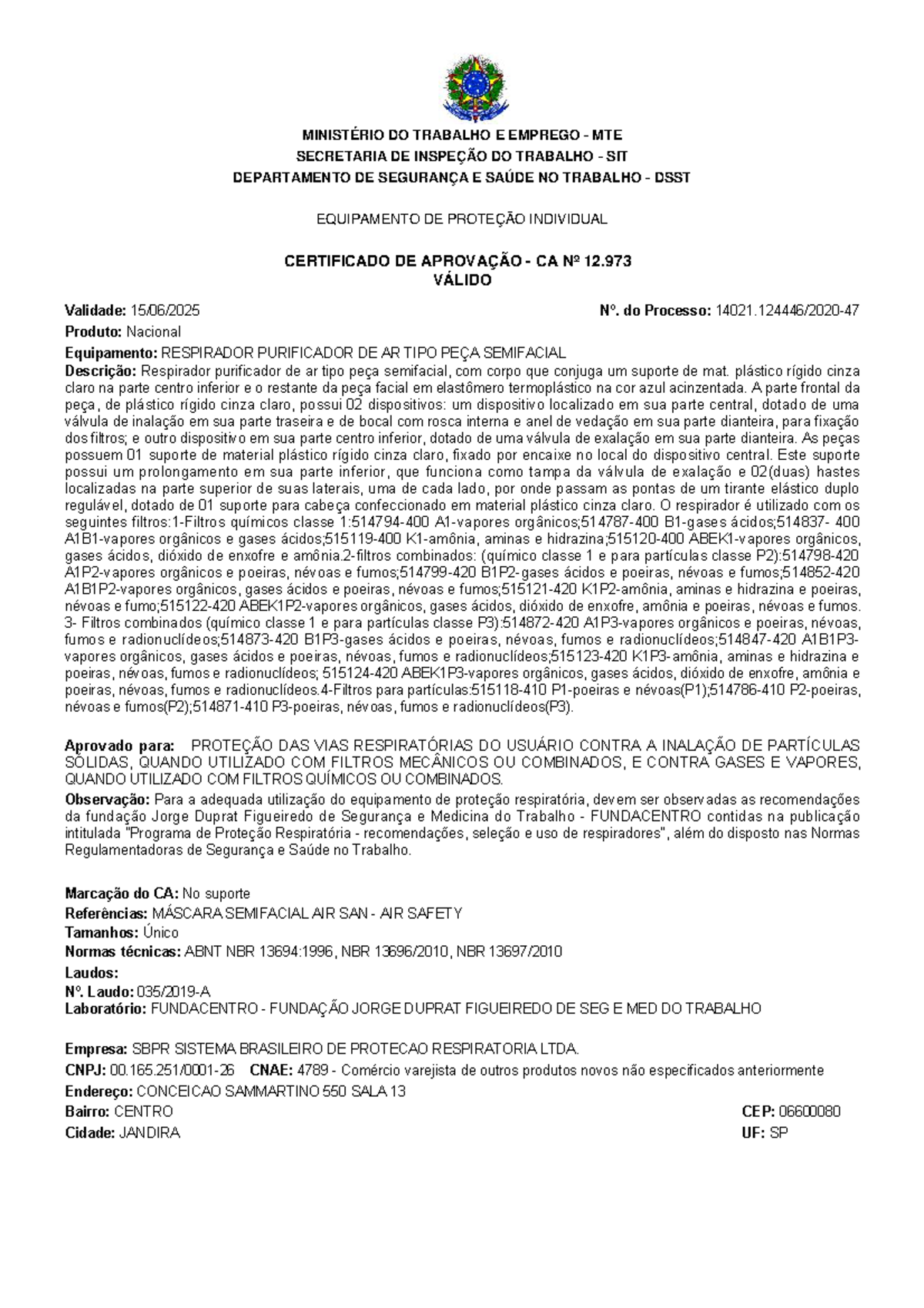 CA12973 - cccc - CERTIFICADO DE APROVAÇÃO - CA Nº 12. VÁLIDO MINISTÉRIO ...