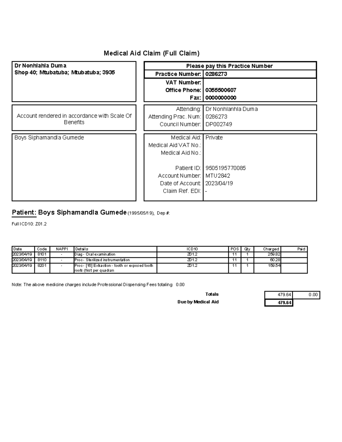 Boys Siphamandla Gumede MA Claim Medical Aid Claim (Full Claim) Dr Nonhlahla Duma Shop 40