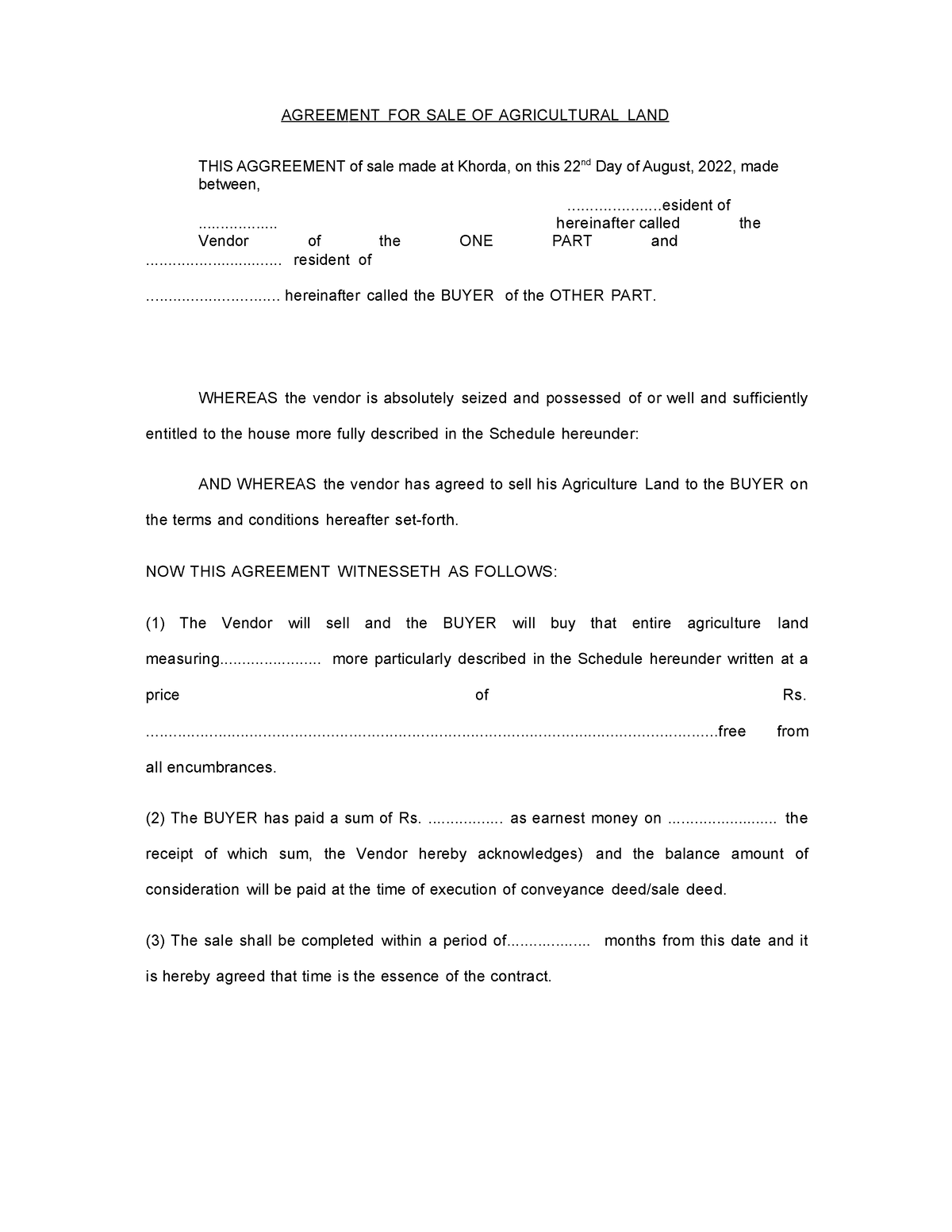 Agreement for sale of agriculture land - AGREEMENT FOR SAL E OF ...