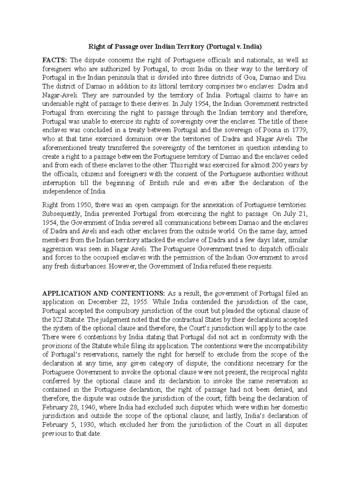 Portugal v. India Summary of the Right to passage case Right of