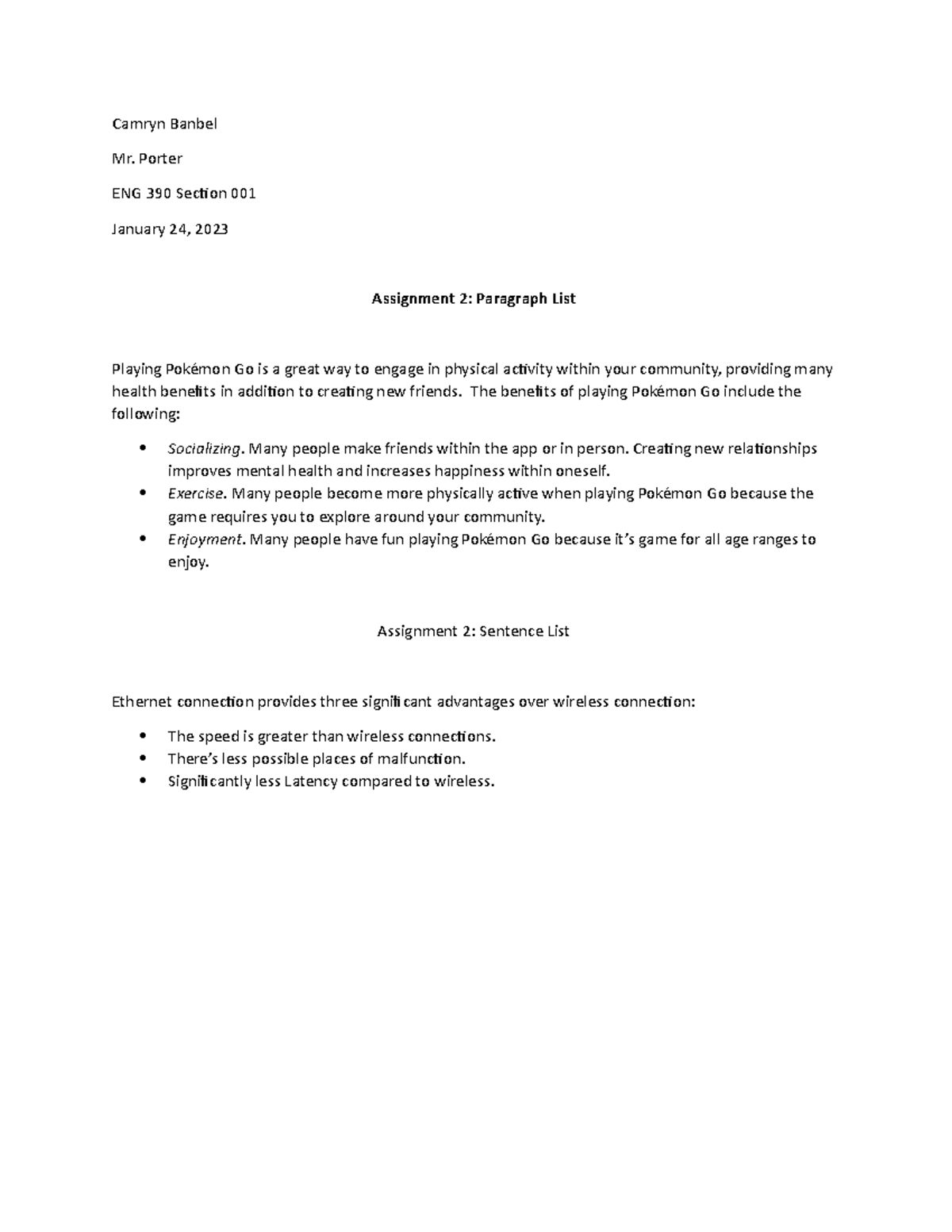 ENG 390 - Paragraph and Sentence List Assignment - Camryn Banbel Mr ...