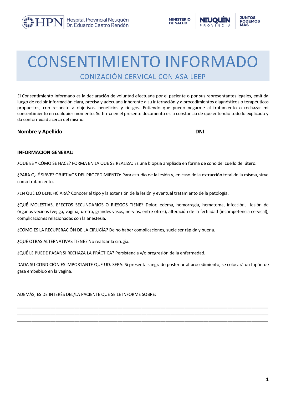 Consentimiento De Conización Cervical Con Asa Leep 1 Consentimiento Informado ConizaciÓn 1624