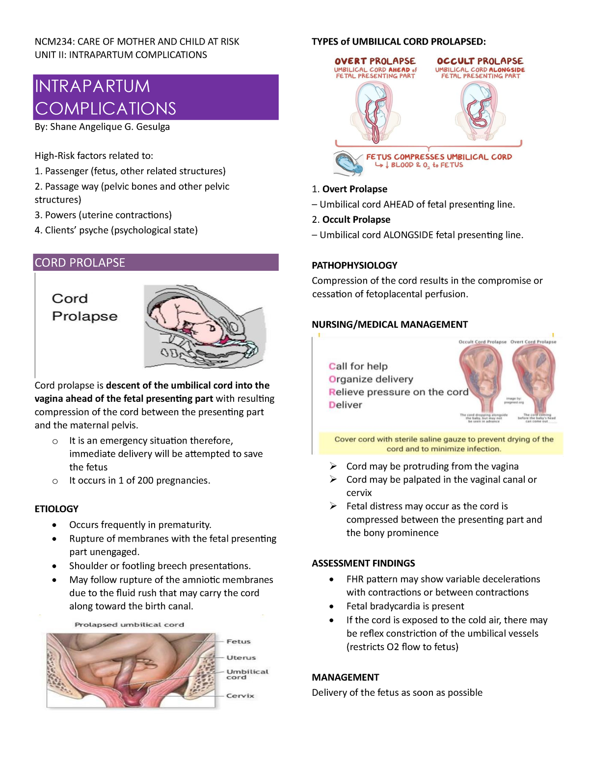 NCM234UNIT2 Intrapartalcomplications - NCM234: CARE OF MOTHER AND CHILD ...