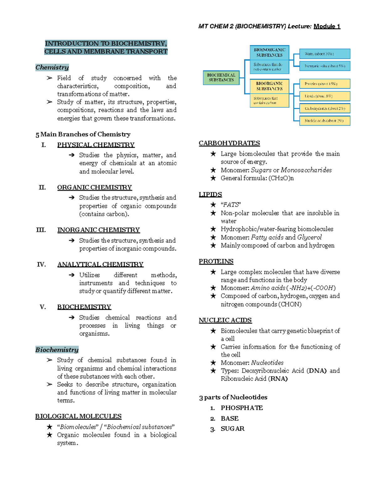 Biochemistry (Lecture) Module 1 Handout - MT CHEM 2 (BIOCHEMISTRY ...