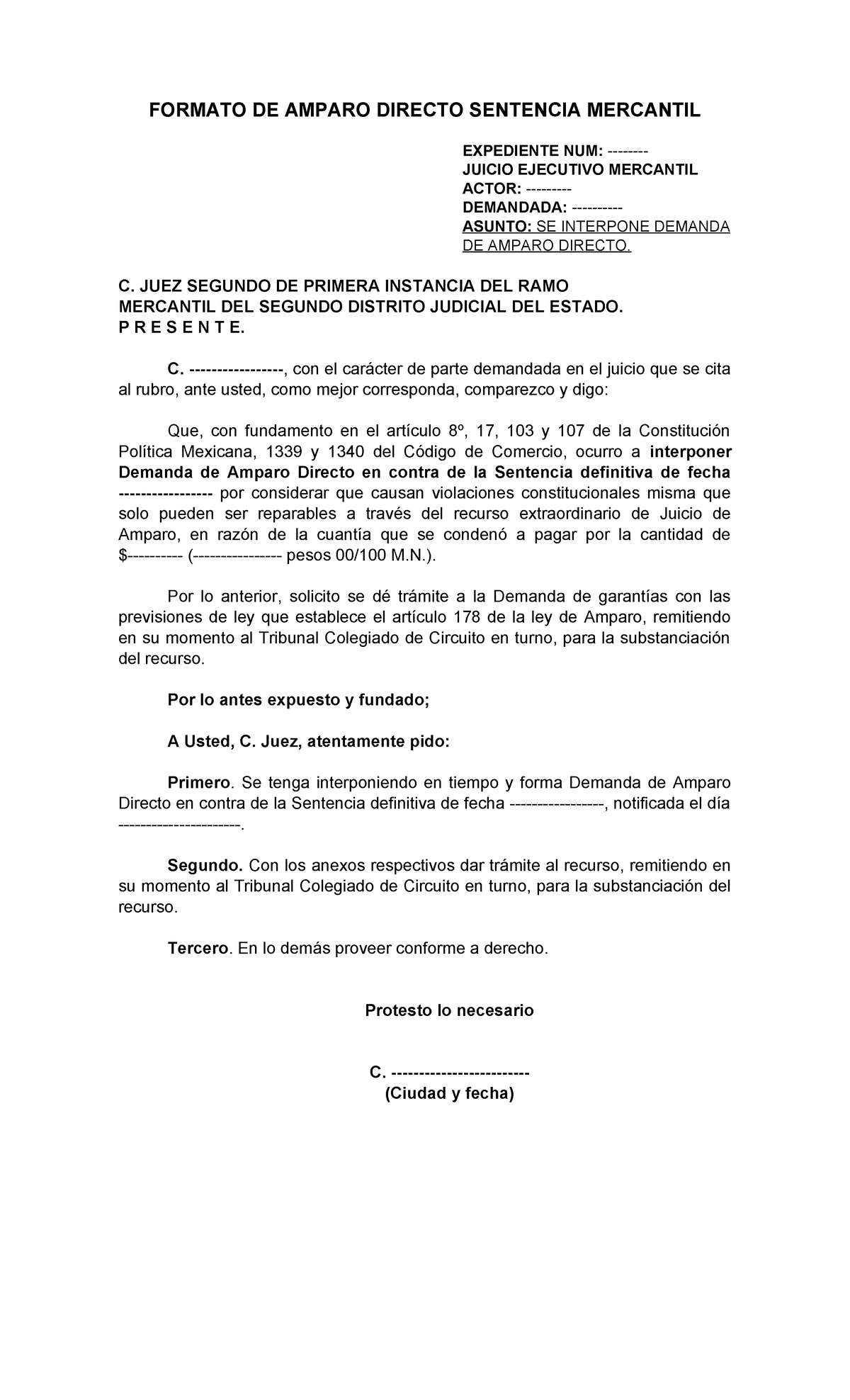 Formato Amparo Directo Sentencia Mercantil - FORMATO DE AMPARO DIRECTO ...