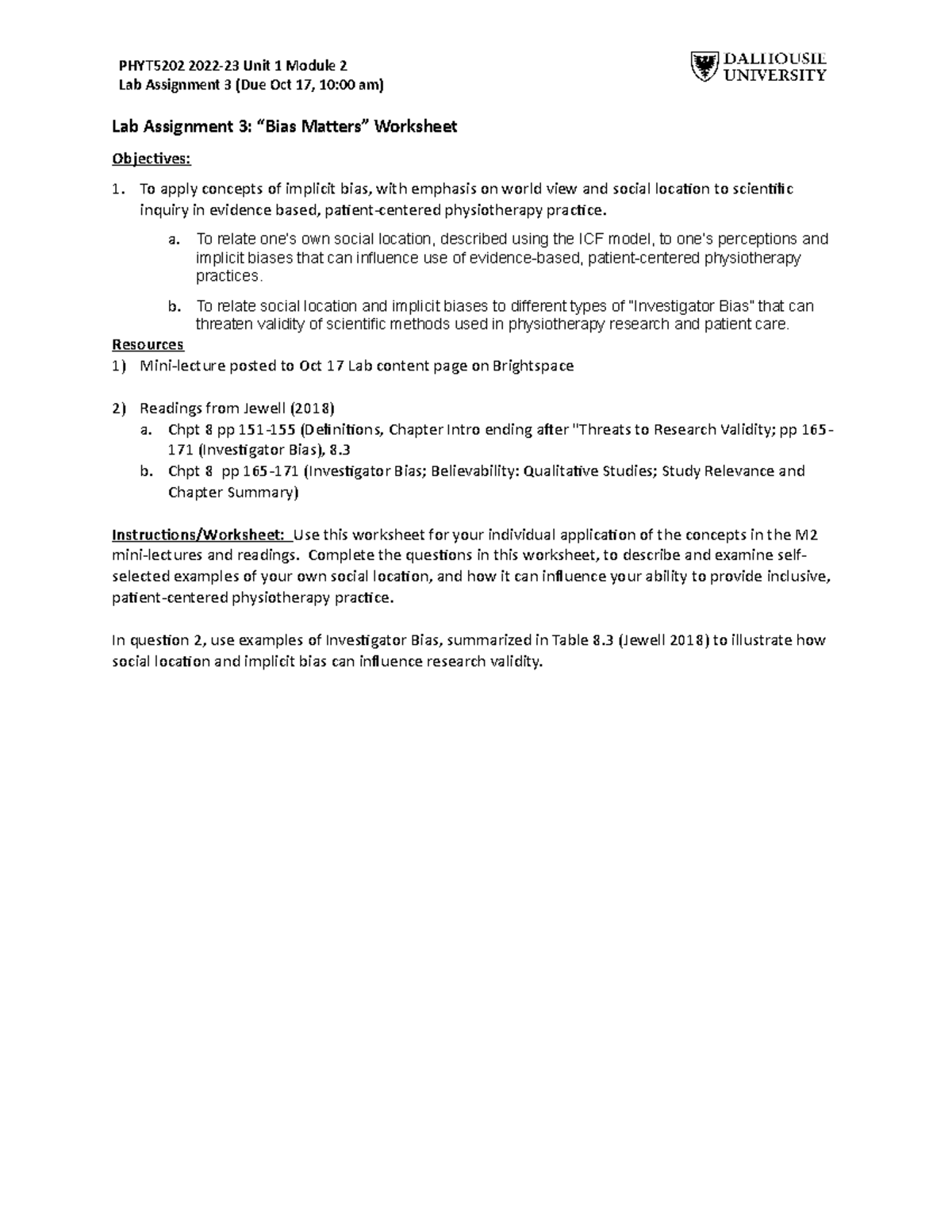 5202 Lab Assignment 3Worksheet Bias Matters PHYT5202 202223 Unit 1