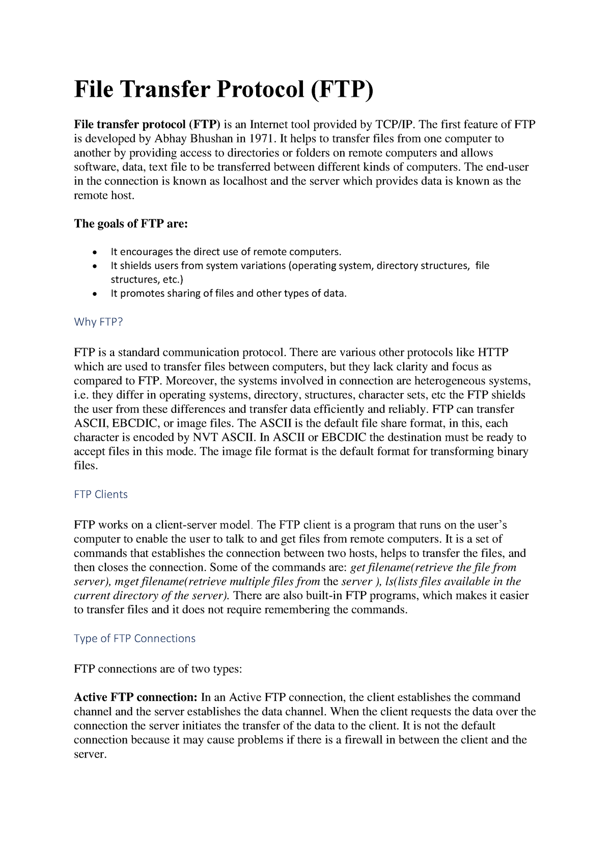 File Transfer Protocol Notes - File Transfer Protocol (FTP) File ...