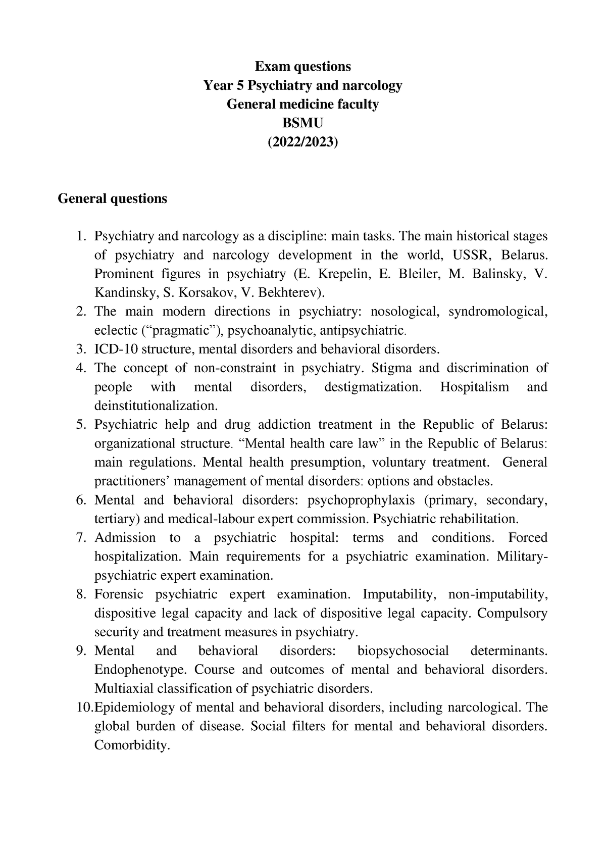 Exam Question Psychiatry - Exam questions Year 5 Psychiatry and ...